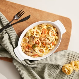 甜酸荷蘭醬焗海鮮闊條麵